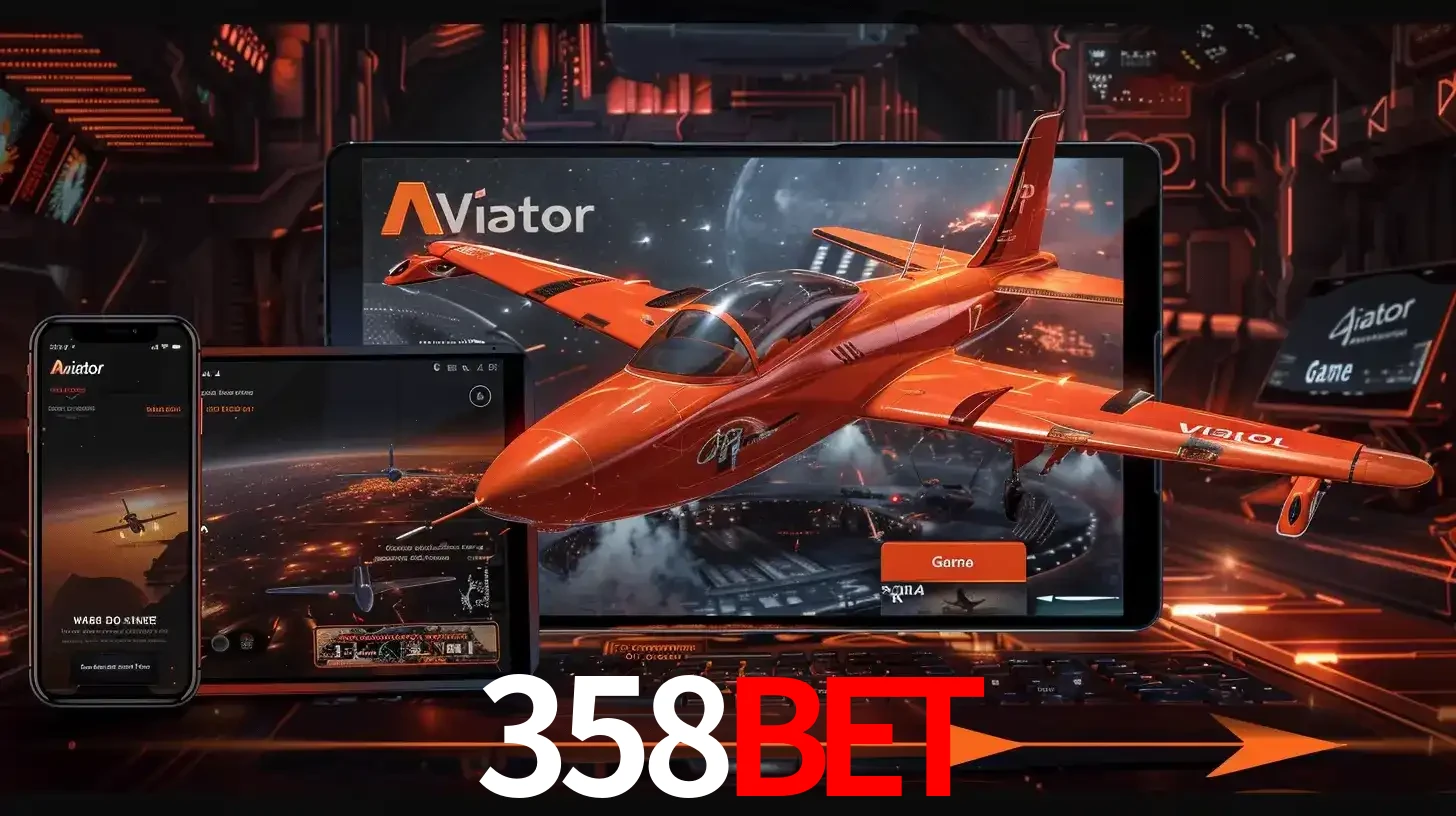 Apresentação tecnológica do jogo Aviator com um avião saindo da tela de um tablet, demonstrando a experiência imersiva em múltiplos dispositivos no 358bet.