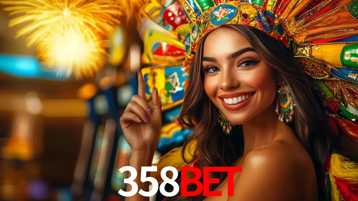 Mulher sorridente com um cocar de carnaval vibrante e colorido, celebrando uma grande vitória nos jogos do cassino 358bet com fogos de artifício ao fundo.