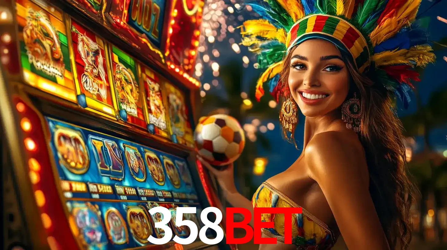 Mulher com um cocar de carnaval ao lado de uma máquina de caça-níqueis enquanto segura uma bola de futebol, mostrando a união da diversão de cassino e esportes no 358bet.