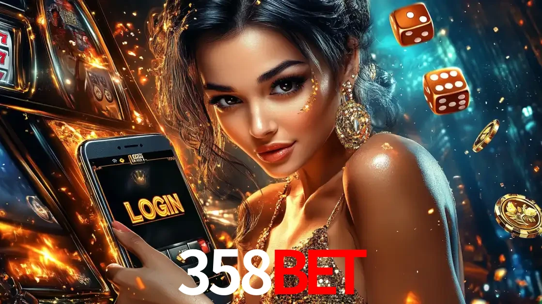 Mulher glamourosa segurando um celular com a tela de login do cassino 358bet, rodeada por dados e moedas douradas, pronta para começar a diversão.