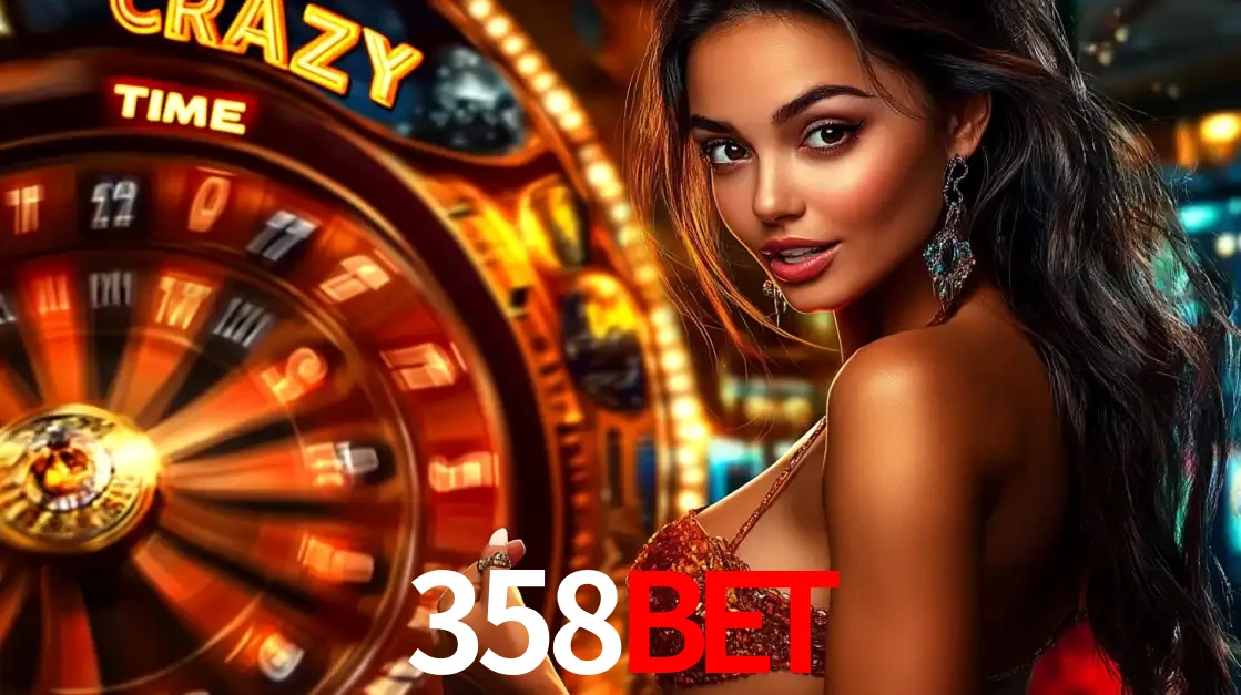 Mulher ao lado da roda de prêmios do jogo de cassino ao vivo Crazy Time, um dos shows de jogos mais emocionantes oferecidos pela plataforma de apostas 358bet.