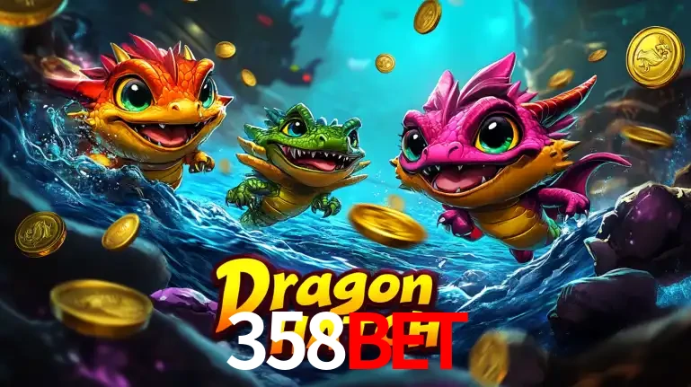 Arte promocional do jogo Dragon Hatch com três adoráveis dragões bebês nadando entre moedas de ouro, um dos slots mais divertidos para jogar no cassino 358bet.