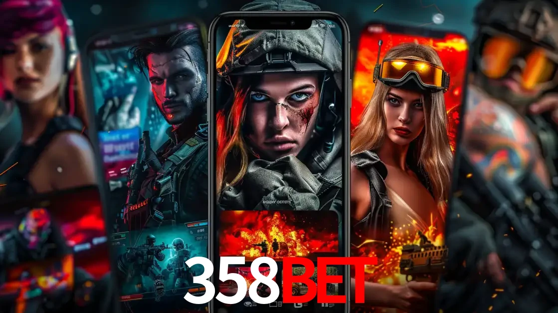 Montagem de telas de celular mostrando diversos personagens, masculinos e femininos, de um jogo de tiro, ilustrando a diversidade de equipes de e-sports para apostar no 358bet.