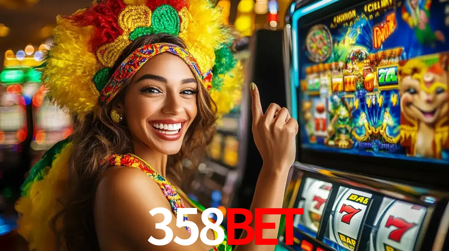 Mulher animada com um cocar de carnaval apontando para uma máquina de caça-níqueis, mostrando a emoção de ganhar um grande prêmio nos jogos do 358bet.