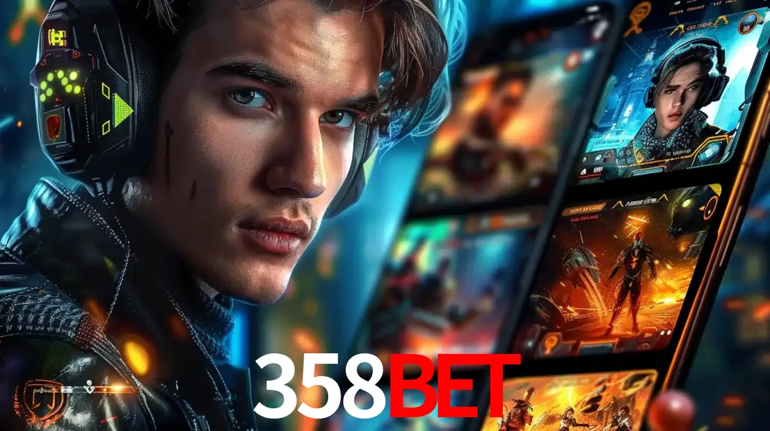 Jovem jogador com fones de ouvido olhando para a câmera, com um aplicativo de jogos e e-sports para celular ao fundo, pronto para a competição e apostas no 358bet.