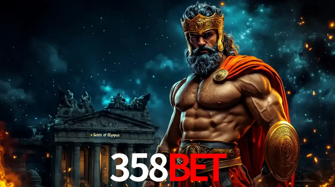 O poderoso Zeus do jogo de slot Gates of Olympus em frente ao seu templo, pronto para lançar multiplicadores divinos e prêmios épicos no cassino online 358bet.