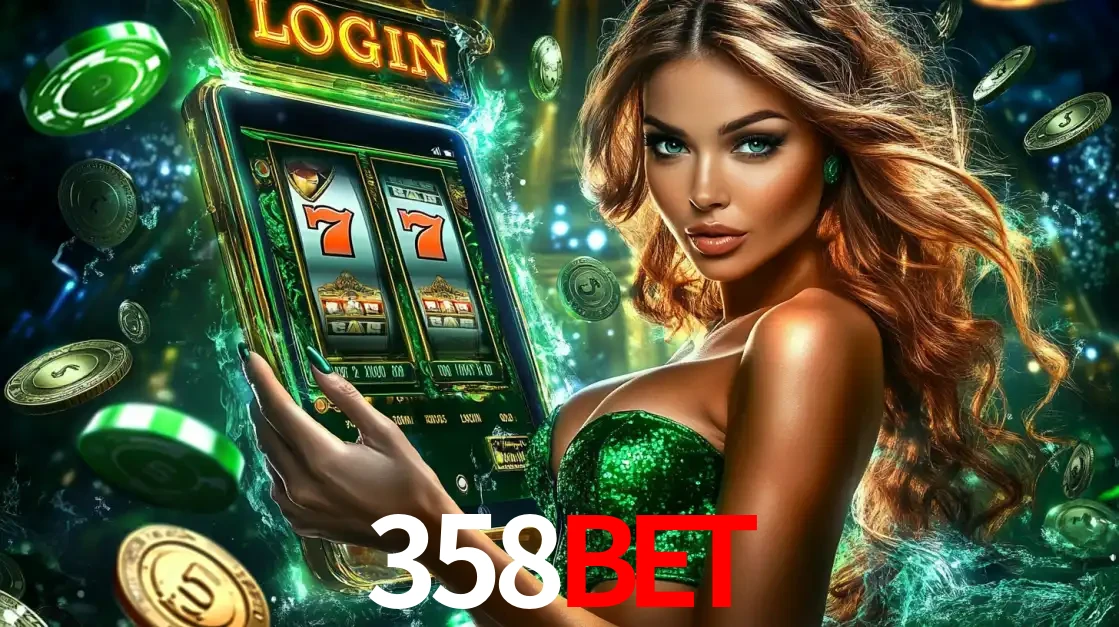 Mulher com tema verde apresentando o aplicativo do cassino 358bet com um jogo de slot de 777, cercada por fichas de cassino e uma aura de sorte.