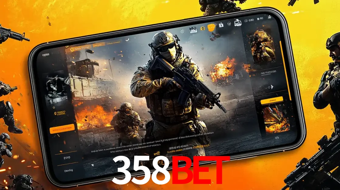 Um smartphone exibindo a interface de um jogo de tiro em primeira pessoa, com um soldado em um cenário de batalha, representando a ação dos e-sports para apostar no 358bet.