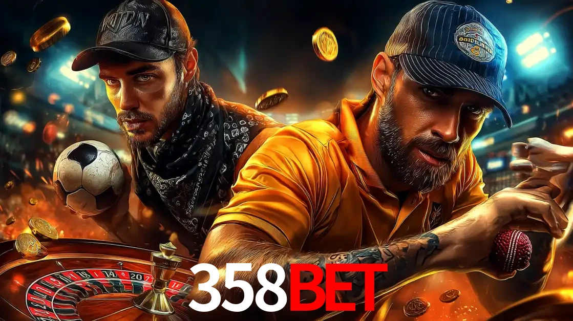 Montagem de apostas esportivas e cassino no 358bet, com um homem segurando uma bola de futebol e outro uma de beisebol sobre uma roleta e moedas voadoras.