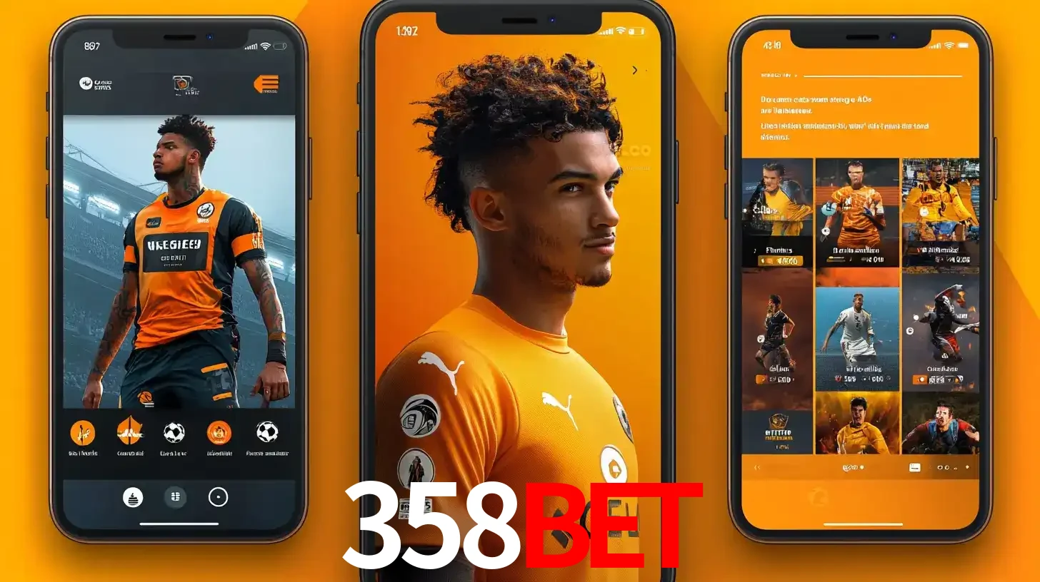 Interface do aplicativo de apostas esportivas 358bet em três telas de celular, mostrando o perfil de um jogador de futebol e a lista de jogos disponíveis para apostar.