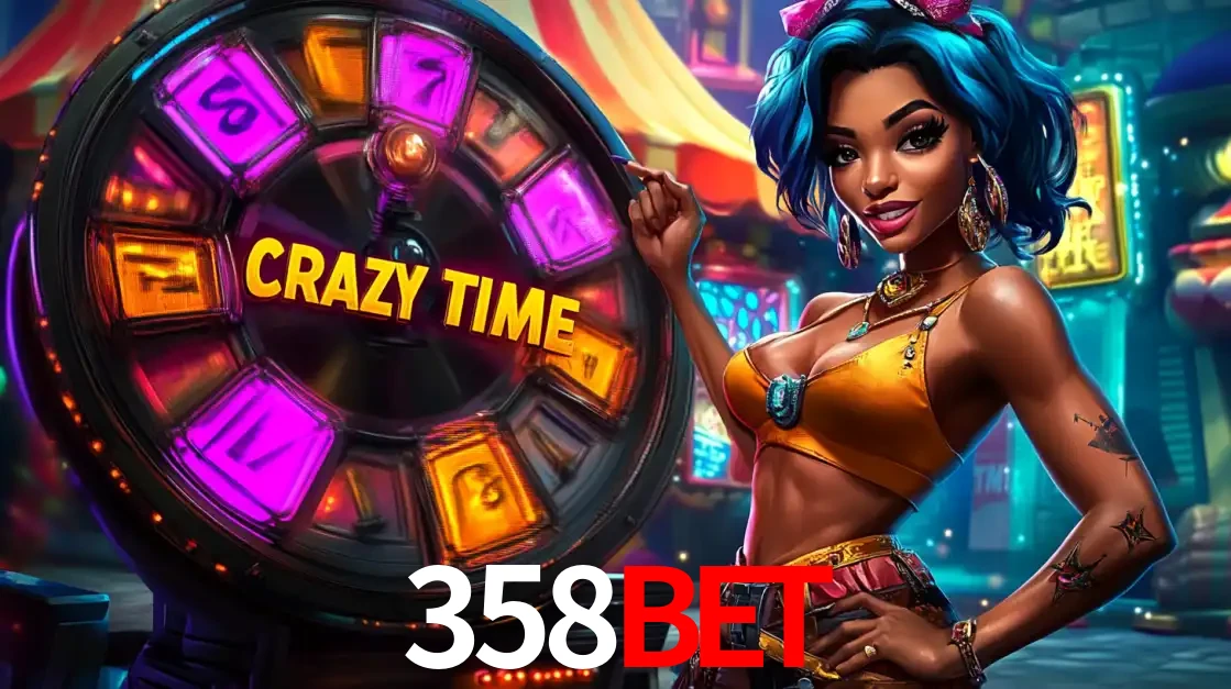 Mulher estilizada com cabelo azul e visual vibrante posando ao lado da roda de prêmios do game show Crazy Time, convidando para a diversão e os bônus do cassino 358bet.