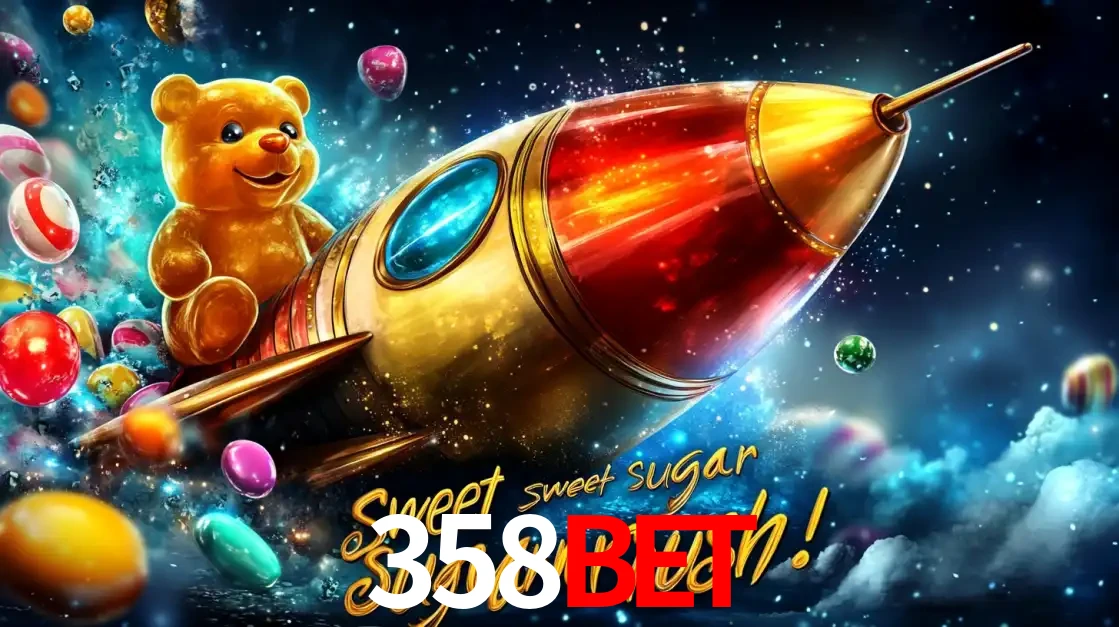 Arte promocional do jogo de slot Sugar Rush, com um urso de pelúcia em um foguete viajando pelo espaço de doces, um dos jogos divertidos disponíveis no cassino 358bet.