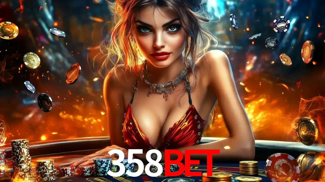 Mulher em uma mesa de cassino com pilhas de fichas e um fundo de fogo, pronta para uma rodada de altas apostas nos jogos de mesa emocionantes do cassino 358bet.