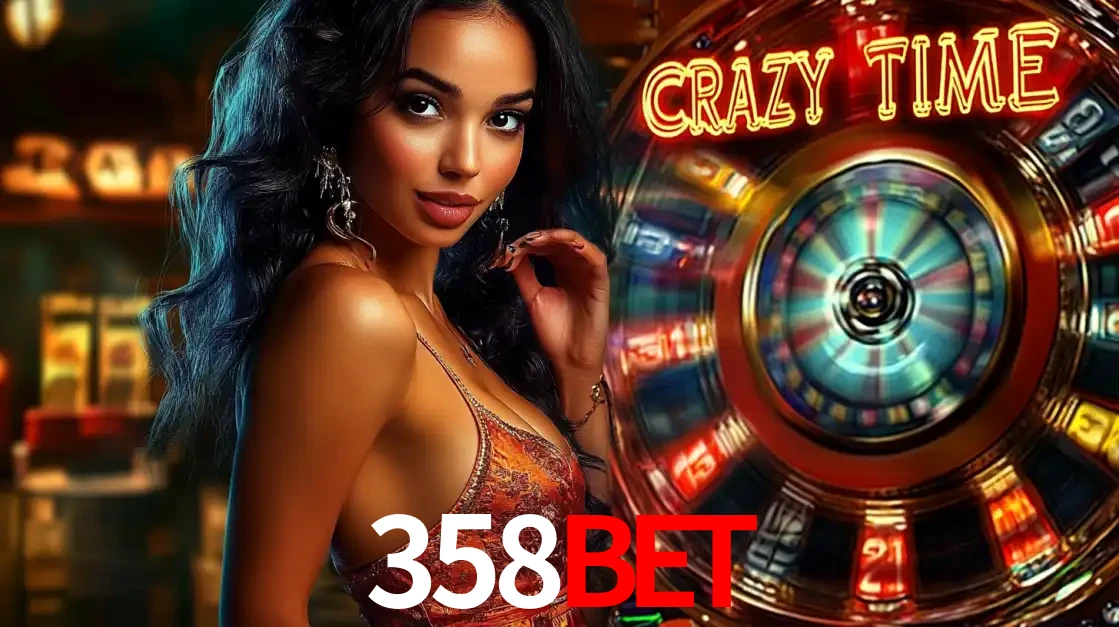 Mulher elegante ao lado da vibrante roda da fortuna do jogo de cassino ao vivo Crazy Time, um dos game shows mais populares e cheios de prêmios do 358bet.