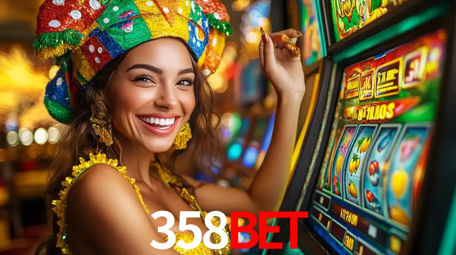 Mulher feliz com traje de carnaval amarelo e colorido ao lado de uma máquina de caça-níqueis, aproveitando a diversão e os jogos temáticos do cassino 358bet.