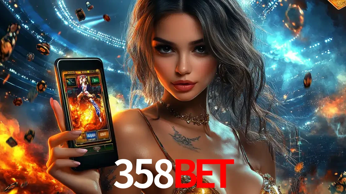 Mulher segurando um celular com um jogo de slot em destaque, tendo como fundo um estádio vibrante, simbolizando a emoção de jogar no cassino móvel 358bet.